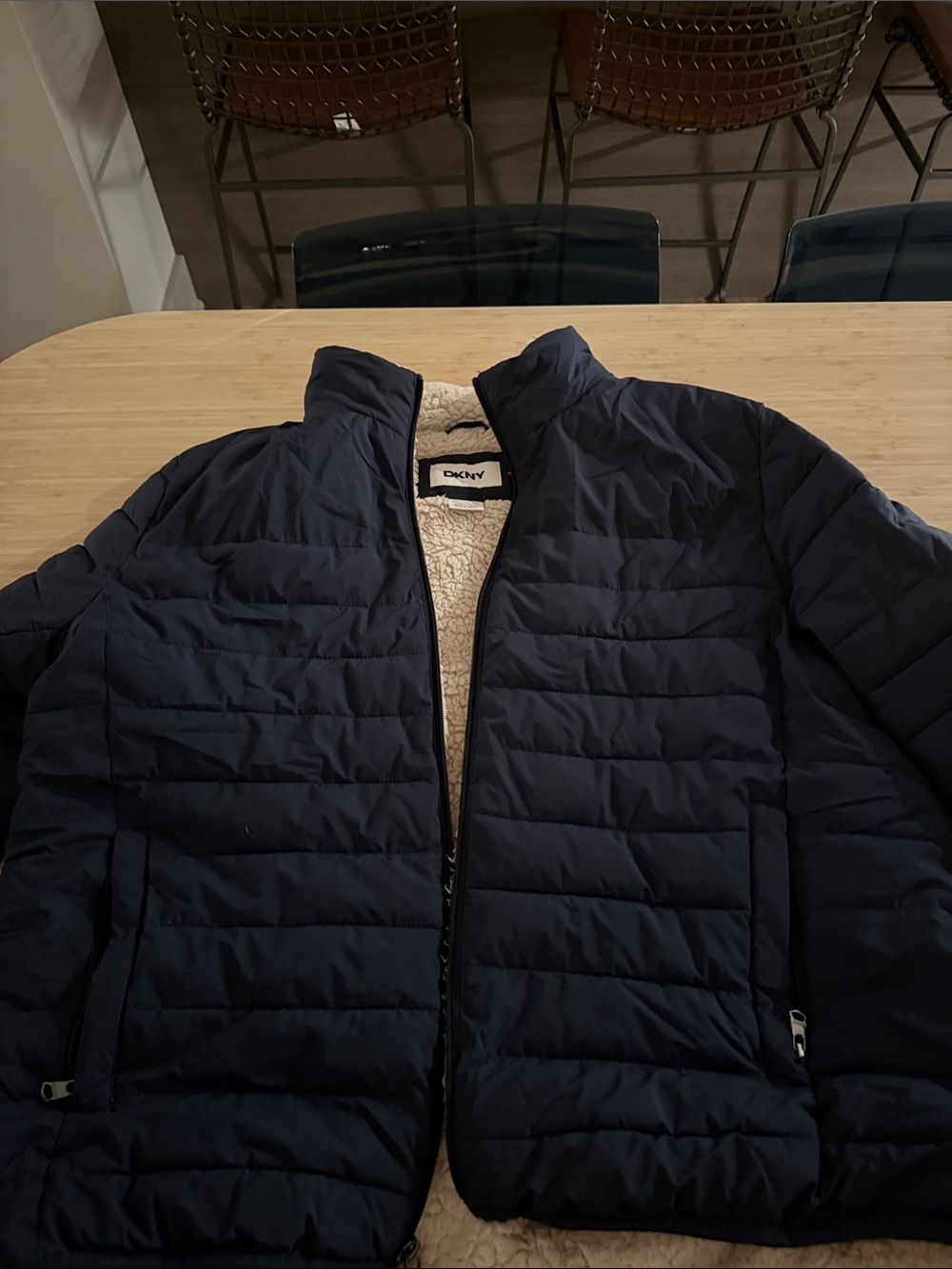 DKNY Men's Navy Quilted Puffer Jacket with Sherpa Interior